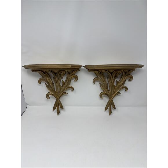 Vintage Pair Of Ornate Gold Gilt Hollywood Regency Wall Sconce Shelves